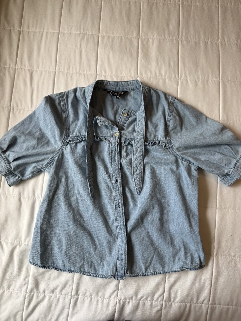 Nanette Chambray Denim Button Down Shirt Ruffle Pocket Medium